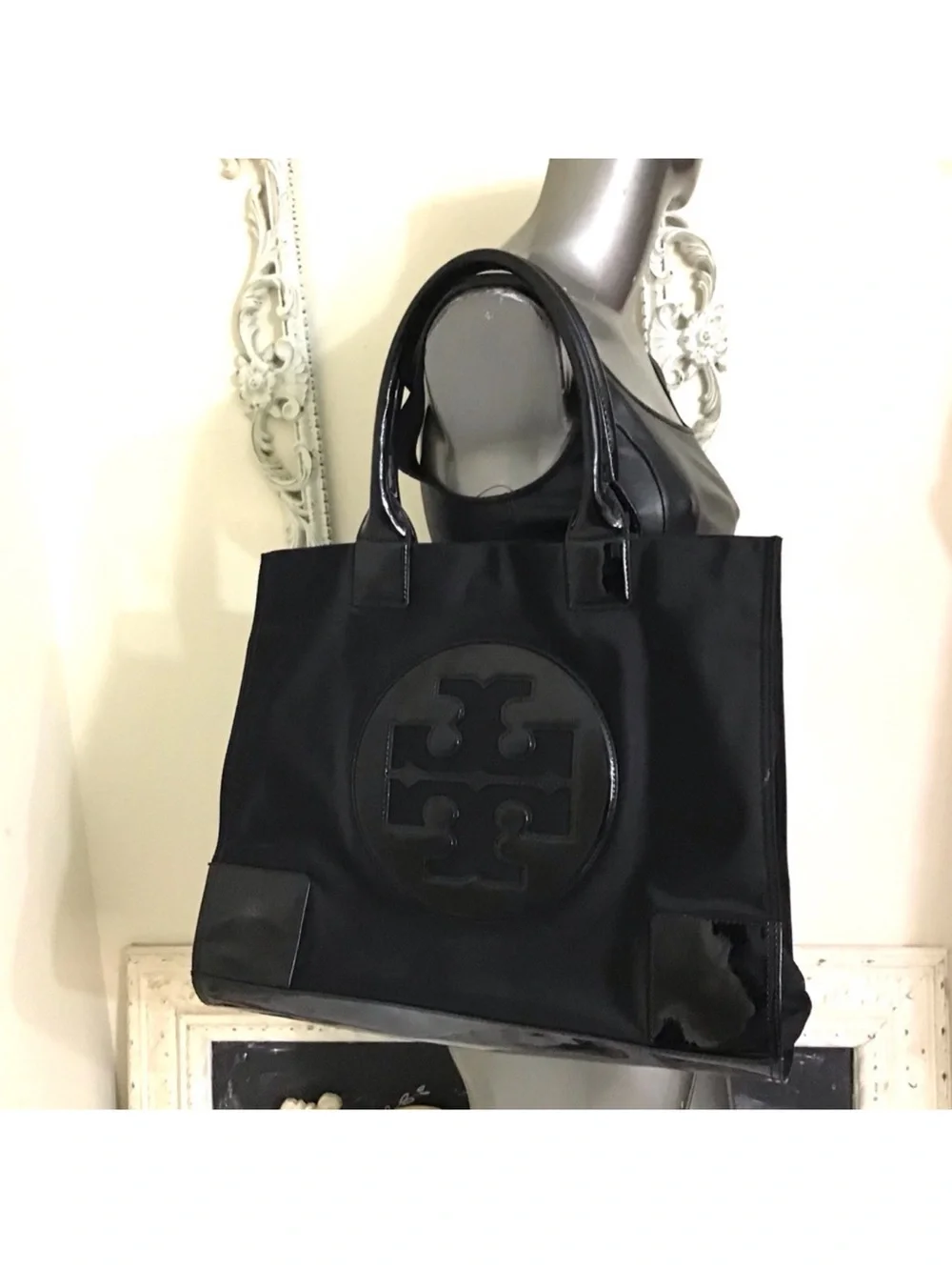 Tory Burch Large Nylon expandable Black Patent Trim Logo Tote